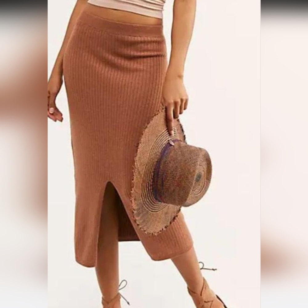 Free People Camel Ribbed Knit Skirt